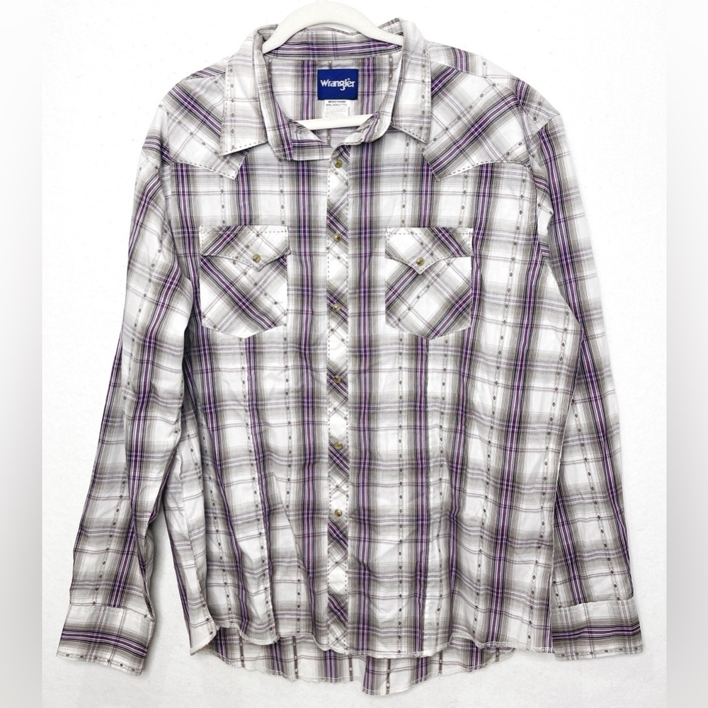 Wrangler Snap Front Plaid Long Sleeve XXL Gray Purple Western Shirt Cowboy